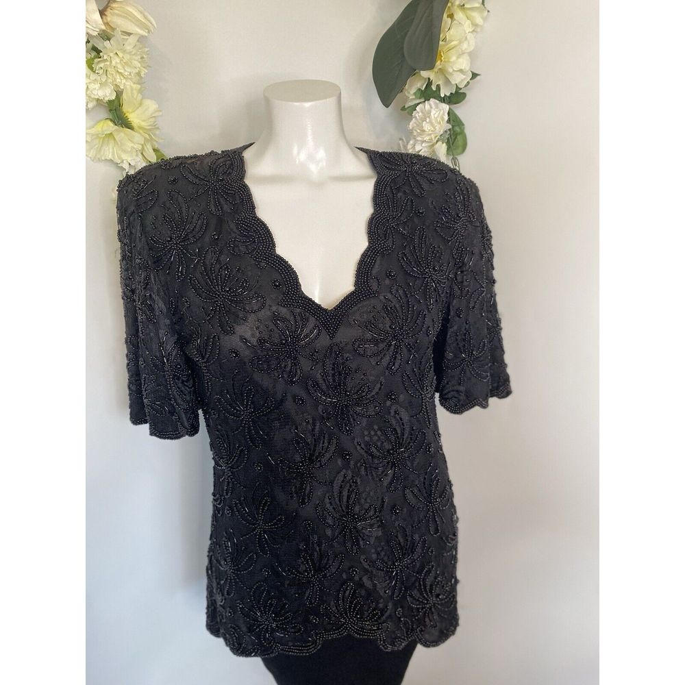 Vintage Laurence Kazar Womens Blouse Black Beaded Floral Rayon Top Size Medium